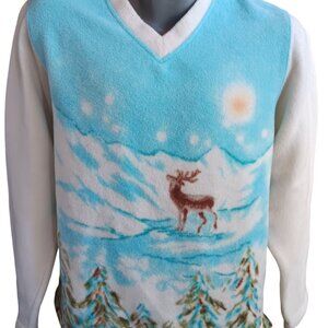 Vintage Women's Fleece Sweater Medium Catalina Mountain Scene V-Neck Deer Trees
